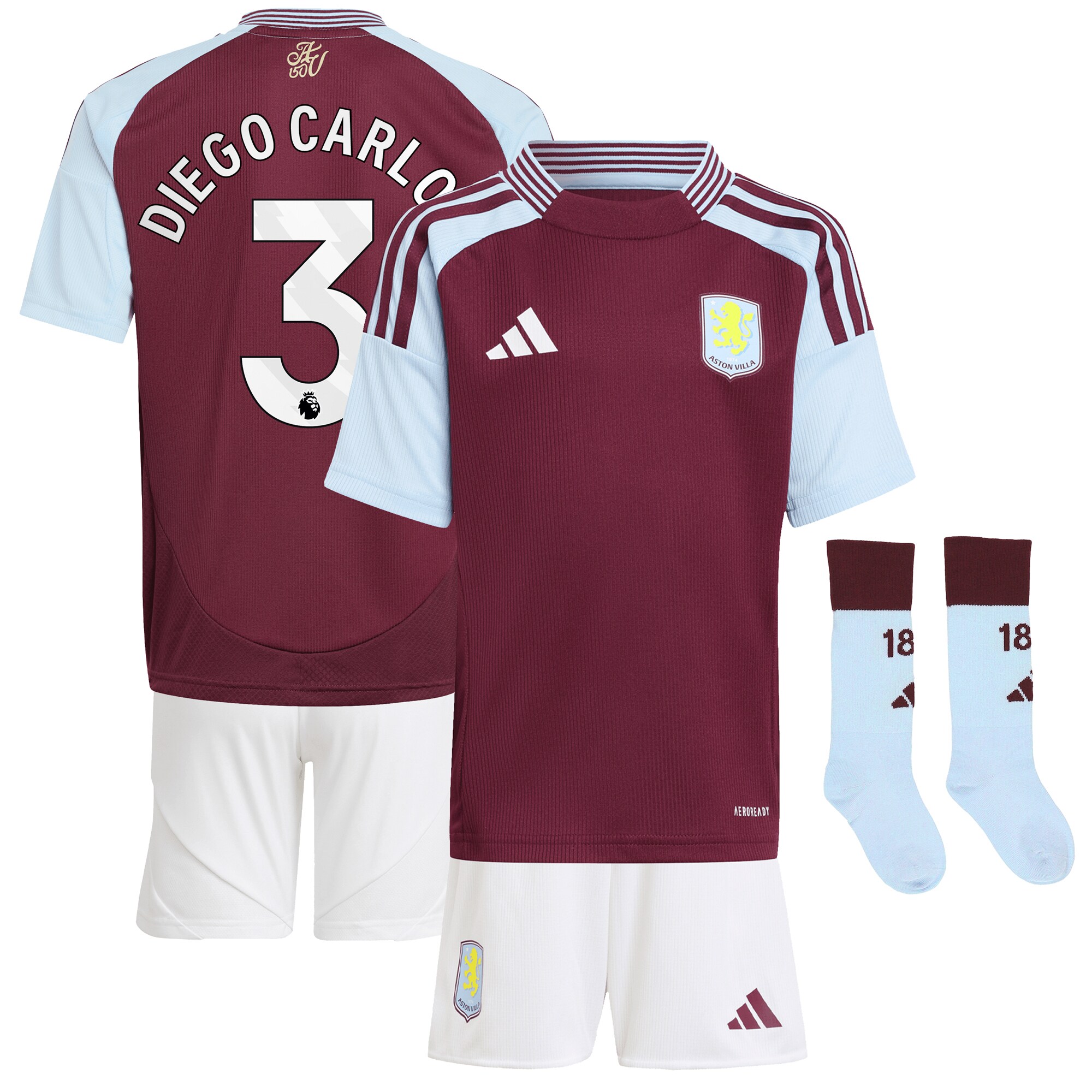 AVFC aston villa adidas home mini kit 2024-25 with diego carlos 3 printing Collection | Official Aston Villa Kits and Apparel