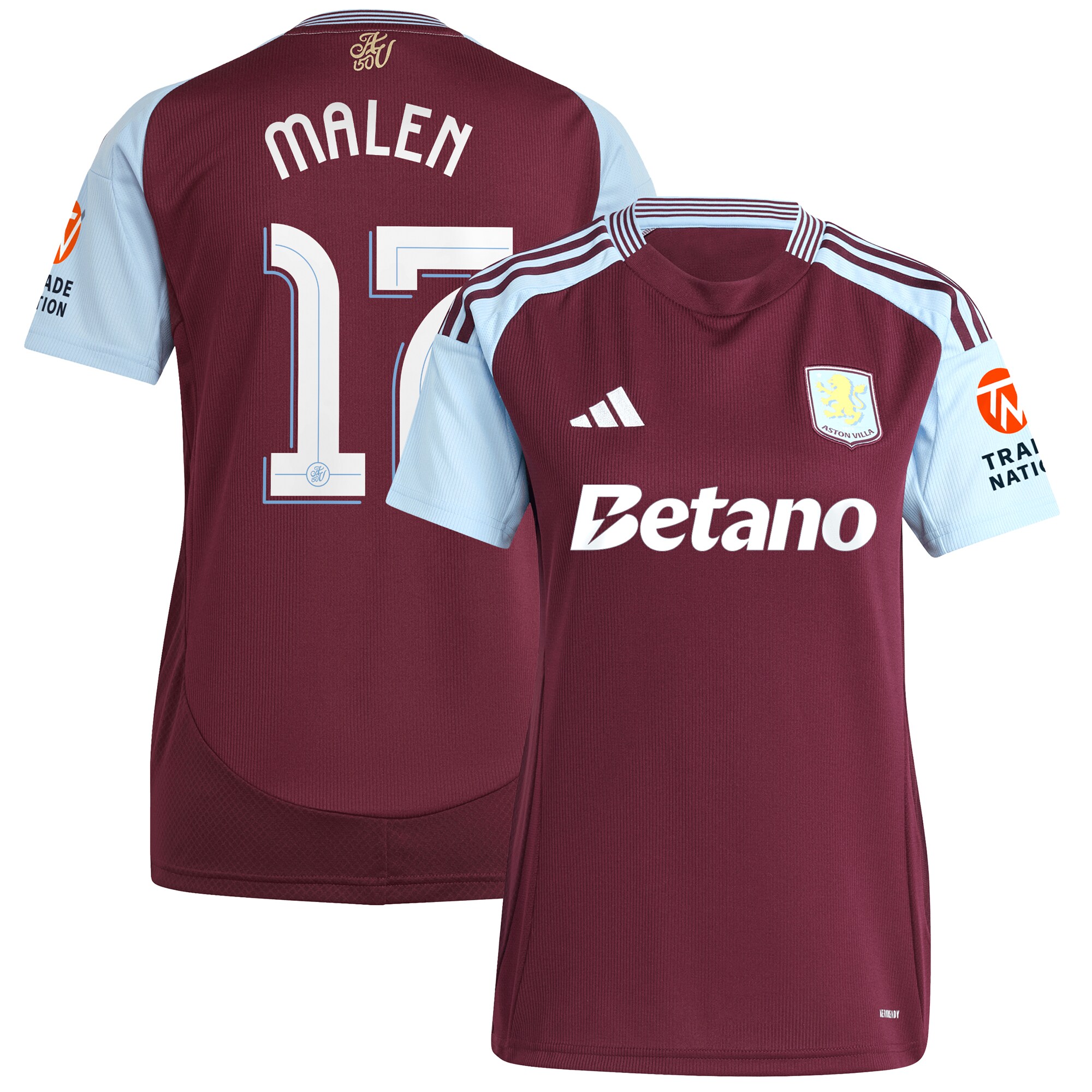 AVFC aston villa adidas home shirt 2024-25 – womens with malen 17 cup printing Collection | Official Aston Villa Kits and Apparel