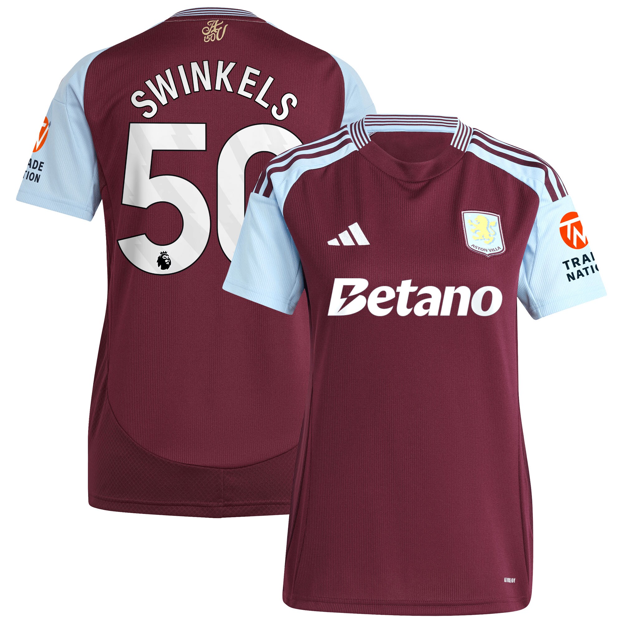AVFC aston villa adidas home shirt 2024-25 – womens with swinkels 50 printing Collection | Official Aston Villa Kits and Apparel
