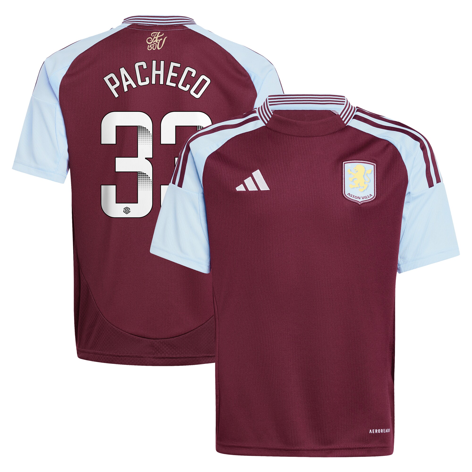 AVFC aston villa wsl adidas home shirt 2024-25 – kids with pacheco 33 printing Collection | Official Aston Villa Kits and Apparel